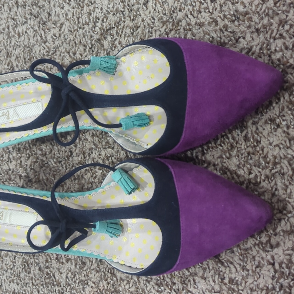 Boden Alice Suede T-strap Tassles High Heels Navy Blue Purple Size 42 Never Worn - Picture 2 of 11